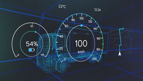 Animation-of-interface-with-charging-battery-icon-and-speedometer-over-truck