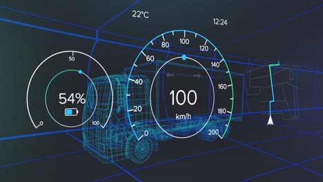 animación de la interfaz con el icono de carga de la batería y el velocímetro sobre el camión