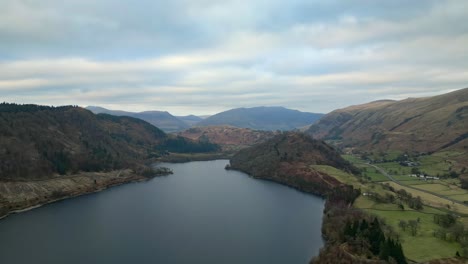 Aerial-footage-Looking-towards-Helvellyn-Mountain-over-Thirlmere,-Lake-District,-Cumbria,-England