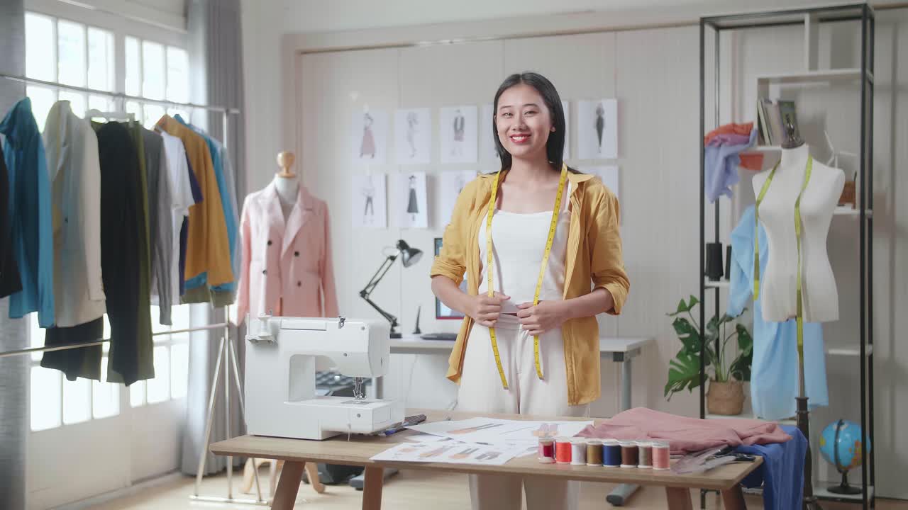 아시아 여성 디자이너가 목에 측정 테이프를 걸고 미소 짓고 스튜디오에서 옷을 디자인하는 동안 카메라에 팔을 고 있습니다.