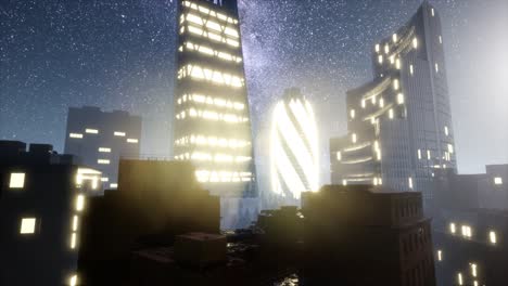 rascacielos de la ciudad por la noche con estrellas de la vía láctea