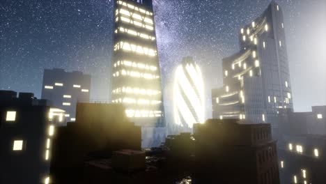 city skyscrapes at night with milky way stars