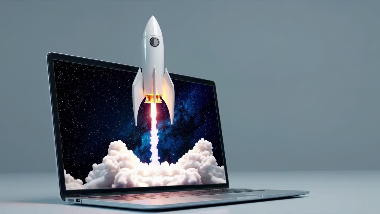 A 3D rocket launches from a laptop screen, symbolizing innovation