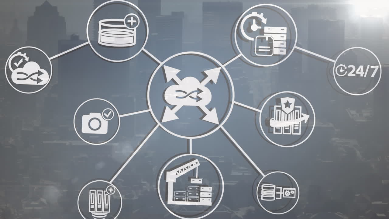 도시 풍경의 공중 전망에 대한 디지털 아이콘 네트워크와 조명 스의 애니메이션