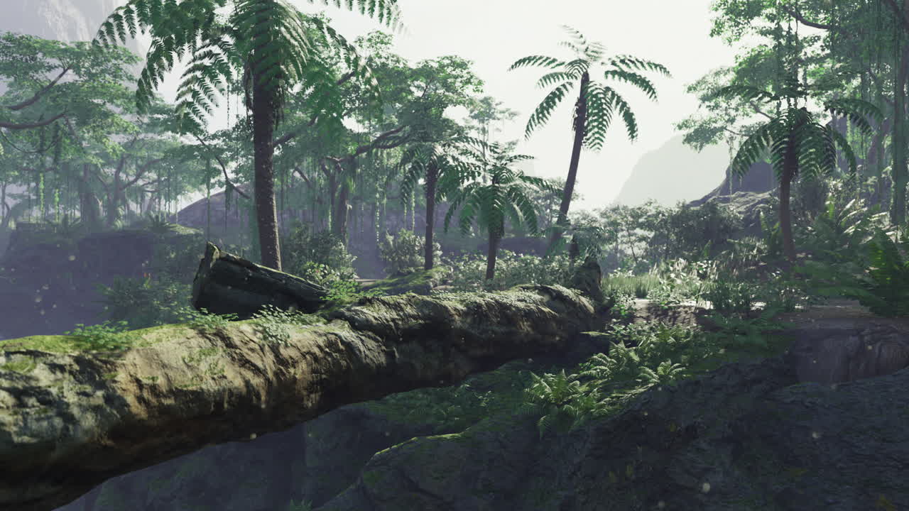 Lush rainforest with towering trees and vibrant foliage in a tranquil setting