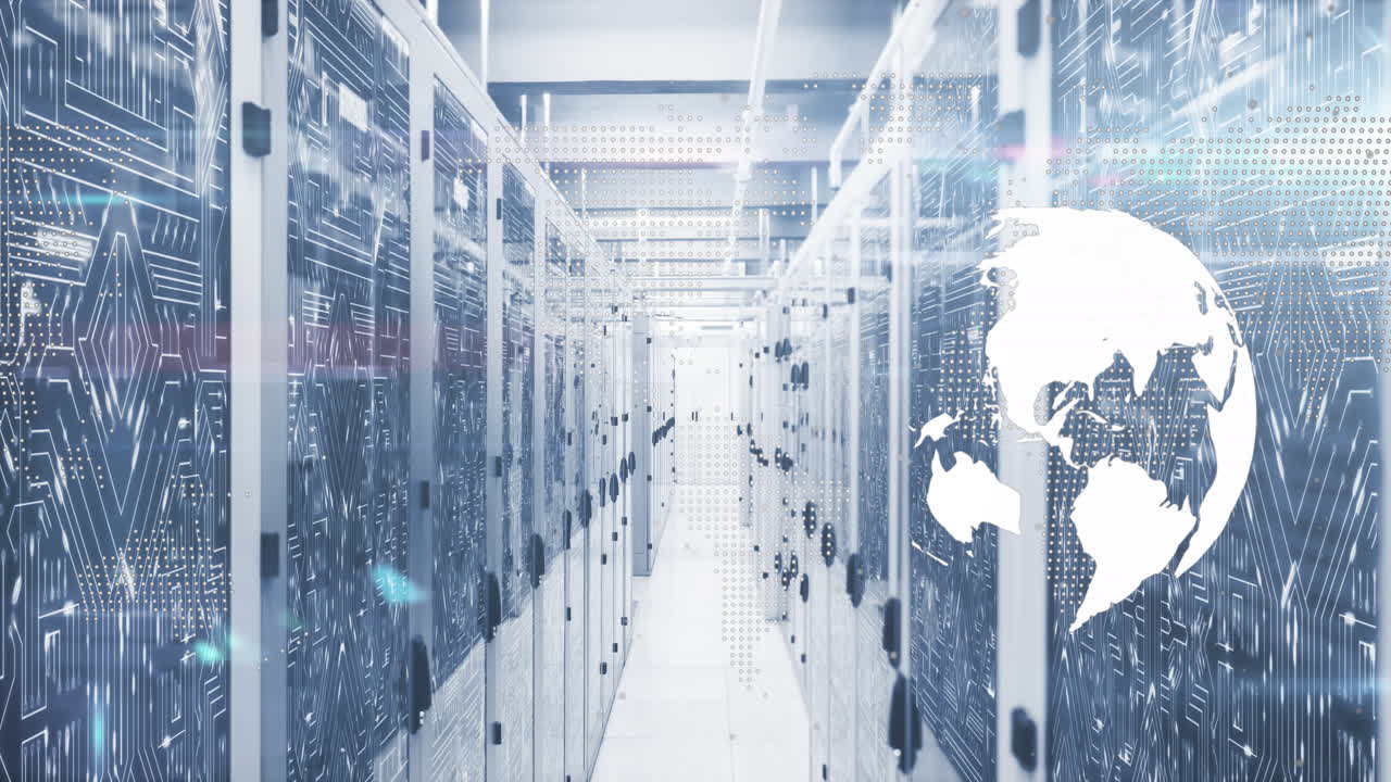 Animation of spinning globe and microprocessor connections against computer server room