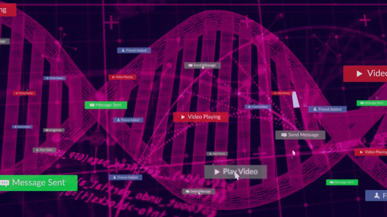 Pointer clicking grey play, magenta helix twisting while UI tags floating, revealing notifications