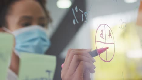 Mixed-race-businesswoman-in-face-mask-brainstorming,-writing-on-board-in-office