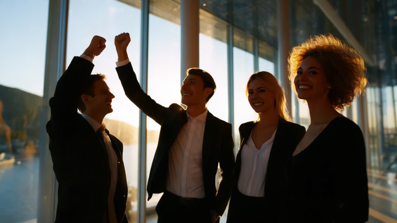 Excited Team Celebrates Success in Modern Office Setting with Sunset Backdrop - Captivating Expressions of Joy and Accomplishment Highlighting the Power of Collaboration and Achievement