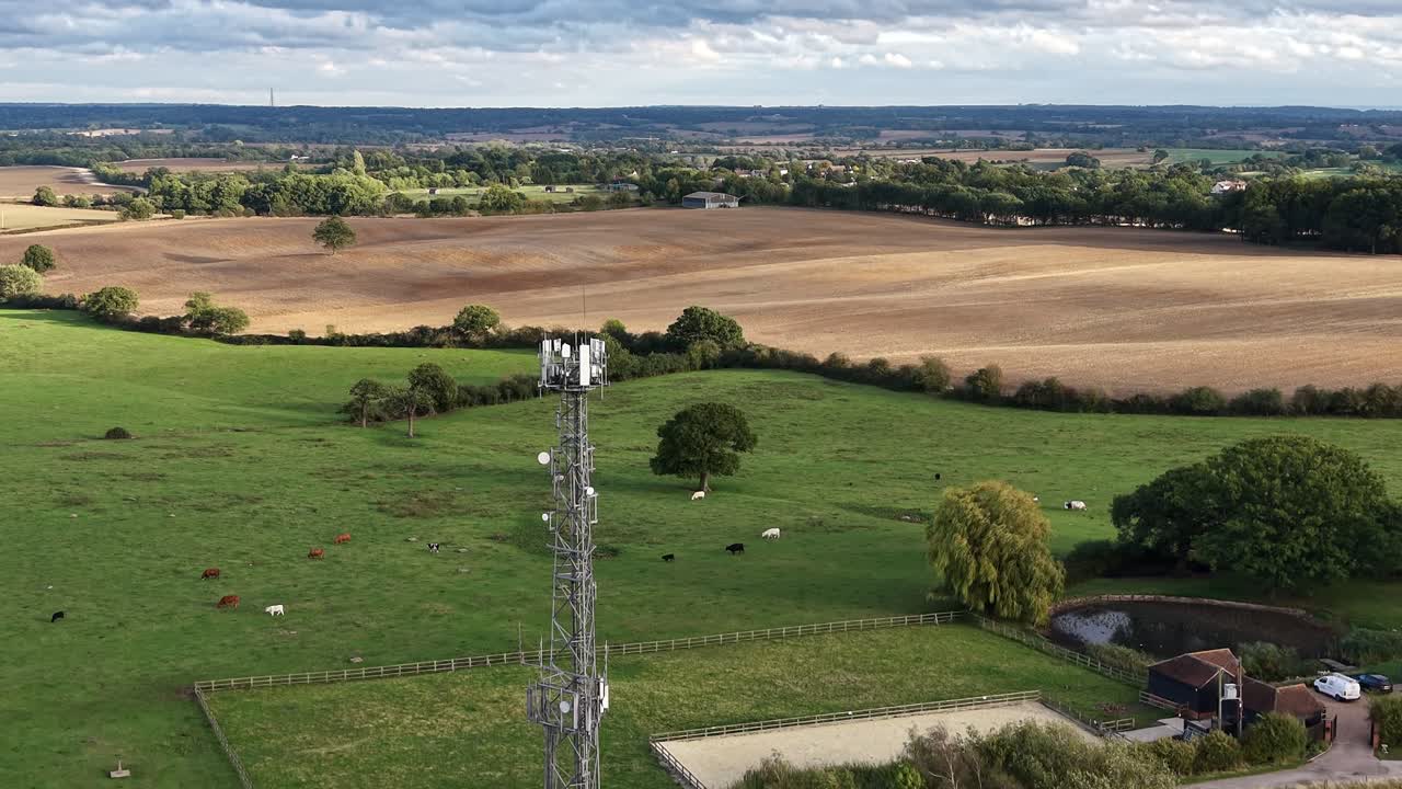 Telcoms mast Essex UK drone,aerial golden hour 4K footage
