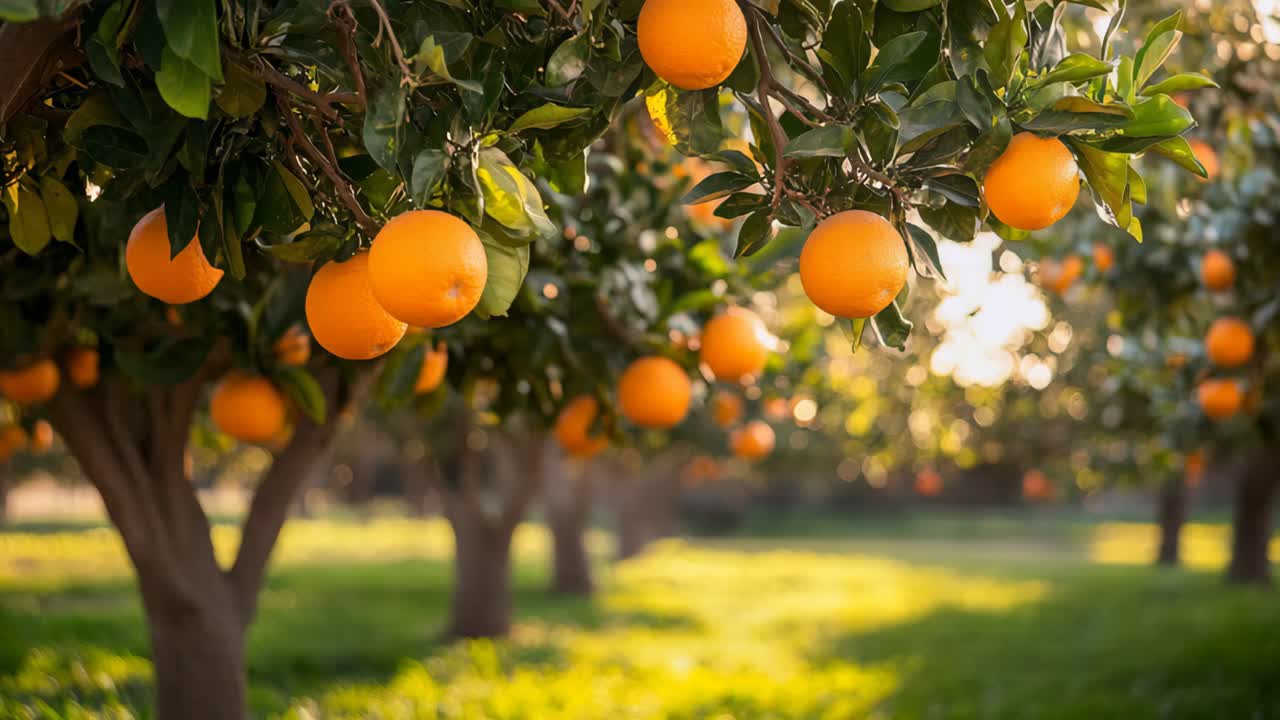 Orchard d'oranges au coucher du soleil