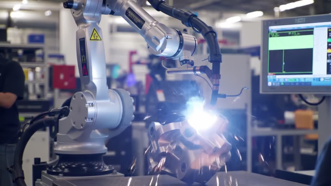 High-Tech Welding Automation: A Robotic Arm Performing Precision Welding on a Metal Component in a Modern Manufacturing Facility