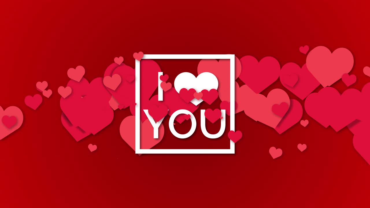 Red background with animation of love symbol hearts. Lettering I love you. Happy valentines day and weeding design elements.