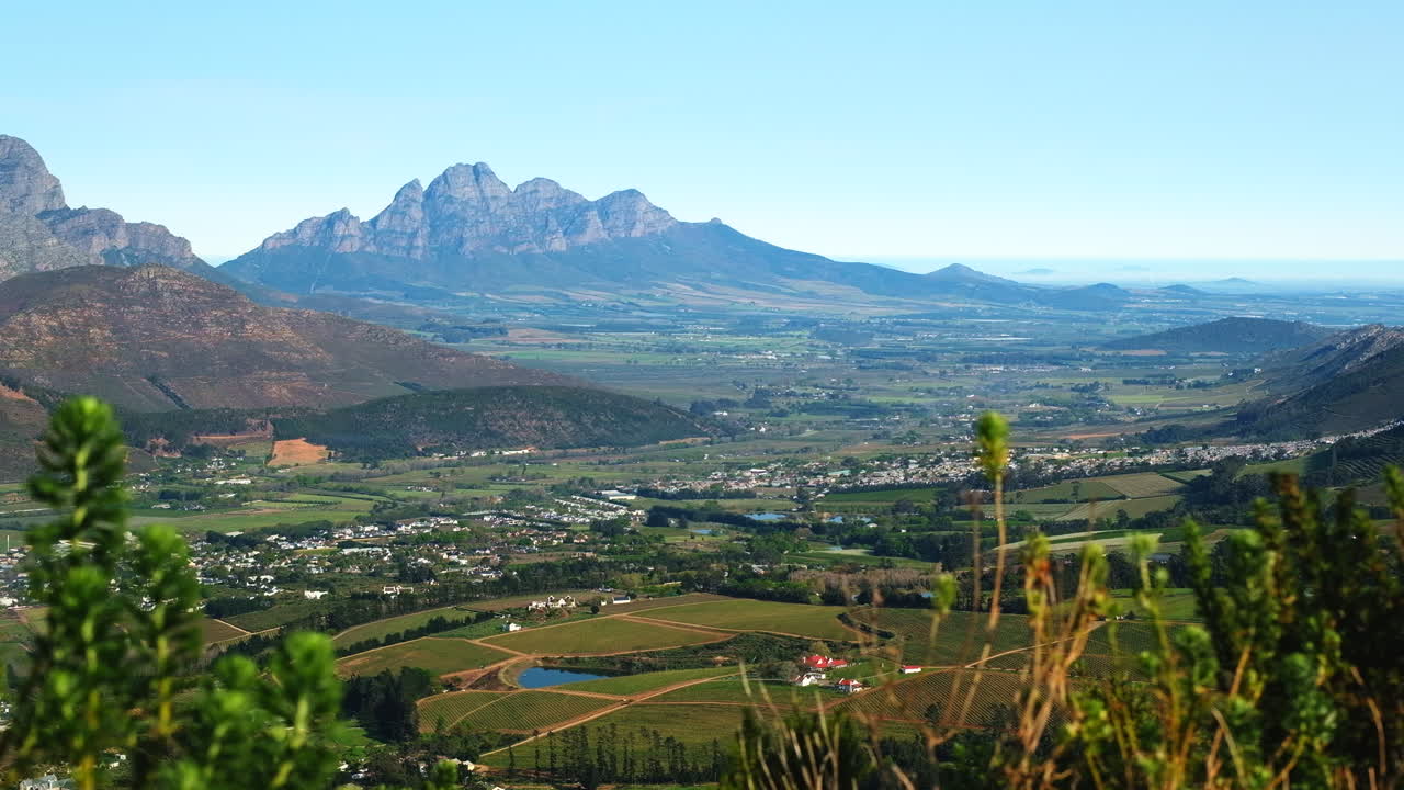Wide view over fertile wine growing Franschhoek valley, Western Cape, RSA