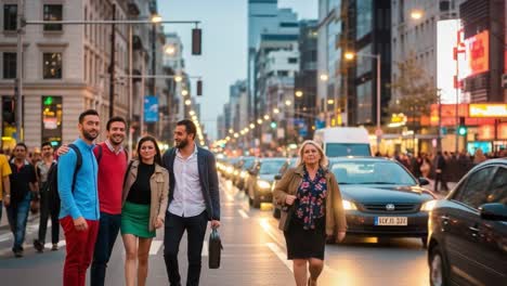 people walking on a bustling city street at dusk