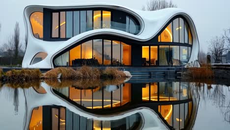 a modern house is reflected in the water of a pond