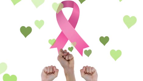 Animation-of-hearts-over-raising-hands-and-pink-ribbon