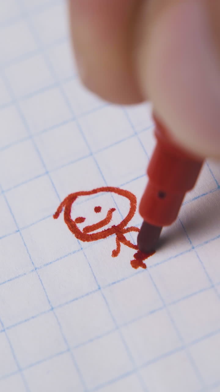 young man draws funny human figure using red marker on checkered paper sheet extreme close view