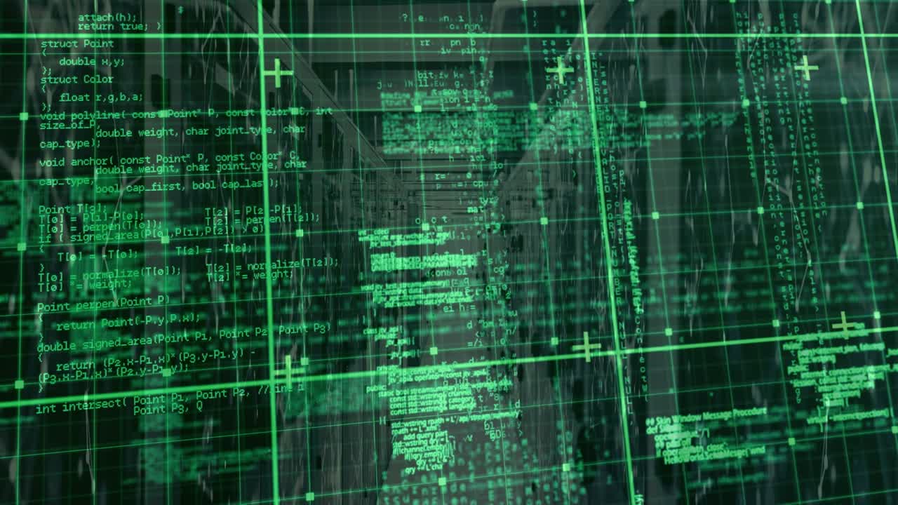 Animation of data processing in green over servers