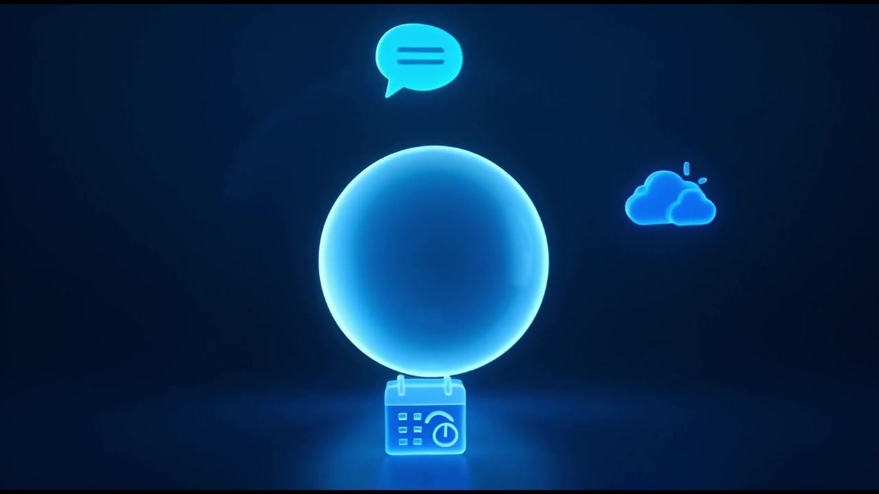 Sfera blu luminosa con animazione di icone digitali