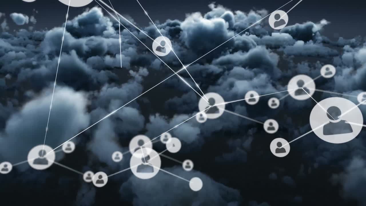 Animazione di rete di connessioni con icone di persone su cielo con nuvole