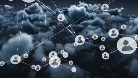 animation of network of connections with people icons over sky with clouds