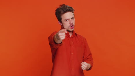 caucasian man looking authoritative demanding immediate serious conversation giving command victory