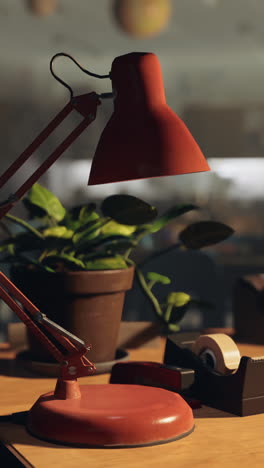 close-up of a red desk lamp on a desk