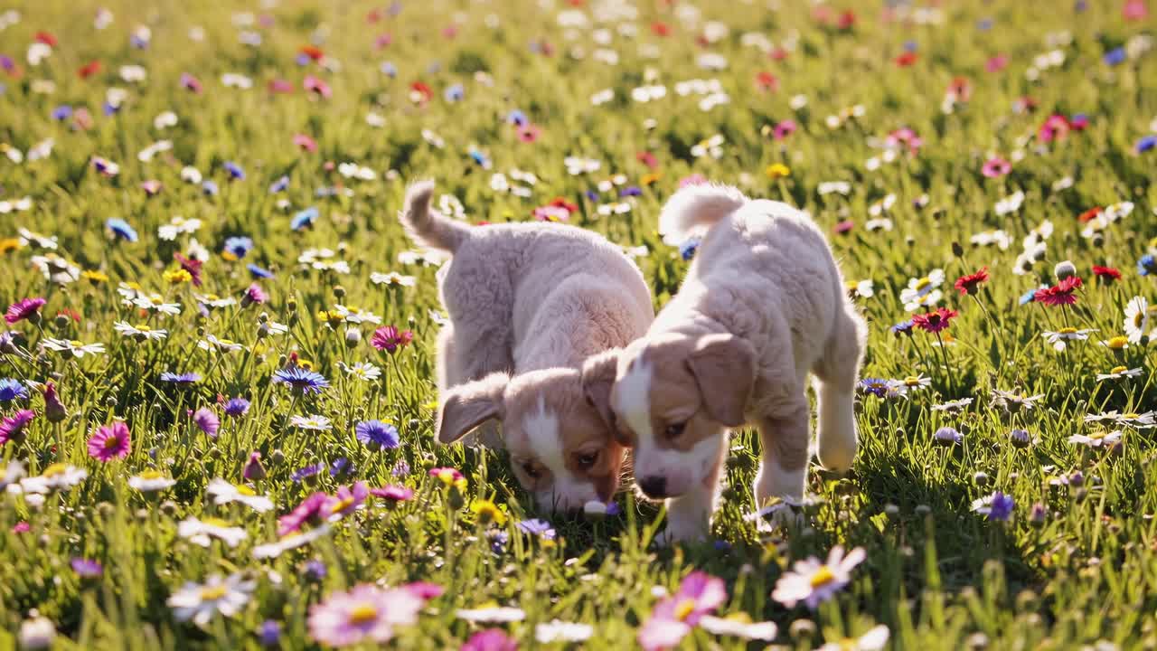 Two puppies explore a vibrant flower field in a low-angle shot, capturing a playful and heartwarming