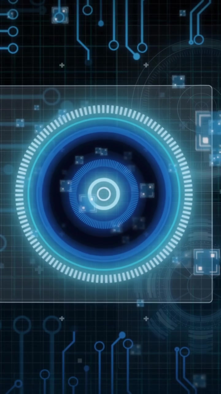 Interfaccia digitale futuristica con circuito stampato e animazione di un cerchio blu rotante.