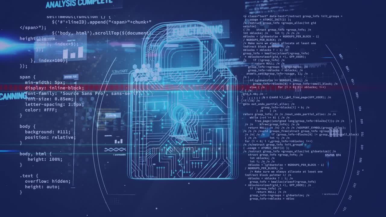 Animation of scope scanning over security padlock icon and data processing against blue background