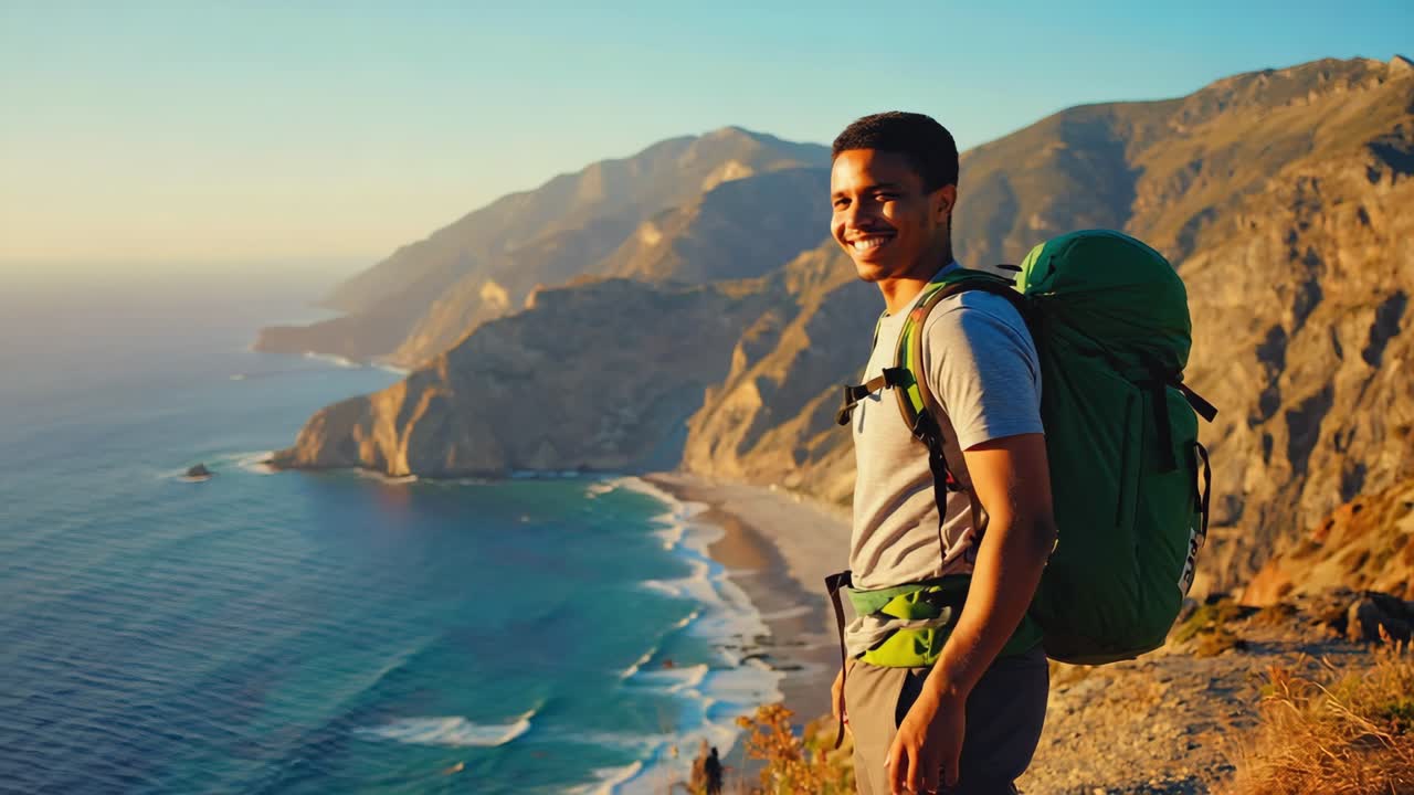 Youthful backpacker standing atop rocky mountain peak. Gazing over expansive ocean and golden sandy beach during vibrant sunset moment. Embodying adventurous spirit and sense of personal achievement