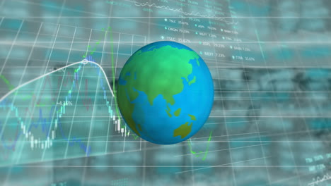 spinning globe icon over stock market and financial data processing against empty office