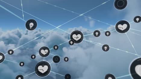 Animation-of-network-of-digital-icons-against-clouds-in-the-blue-sky