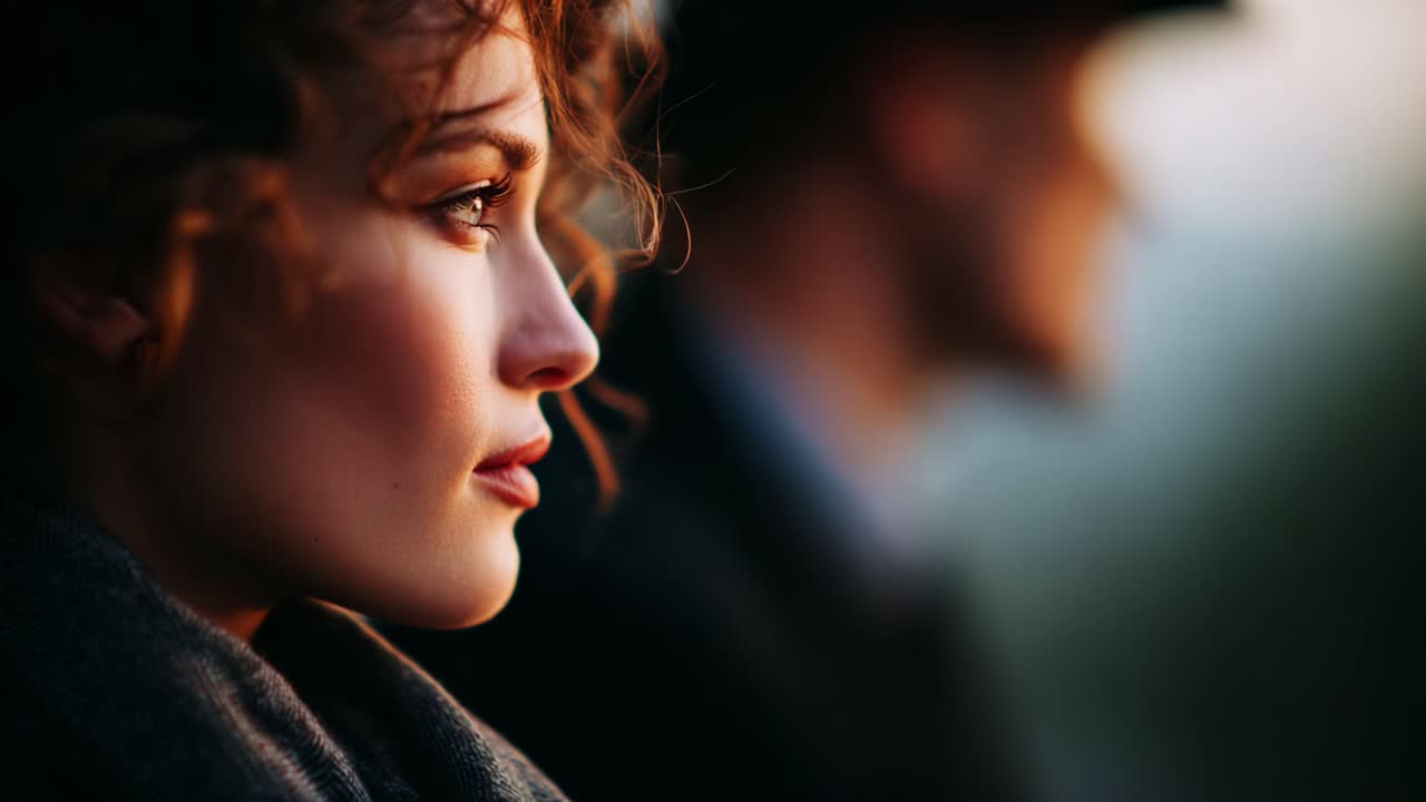 A Captivating Profile of a Woman in Soft Light: Captured Moments of Reflection and Emotion Against a Blurred Backdrop with a Shadowy Figure in the Background