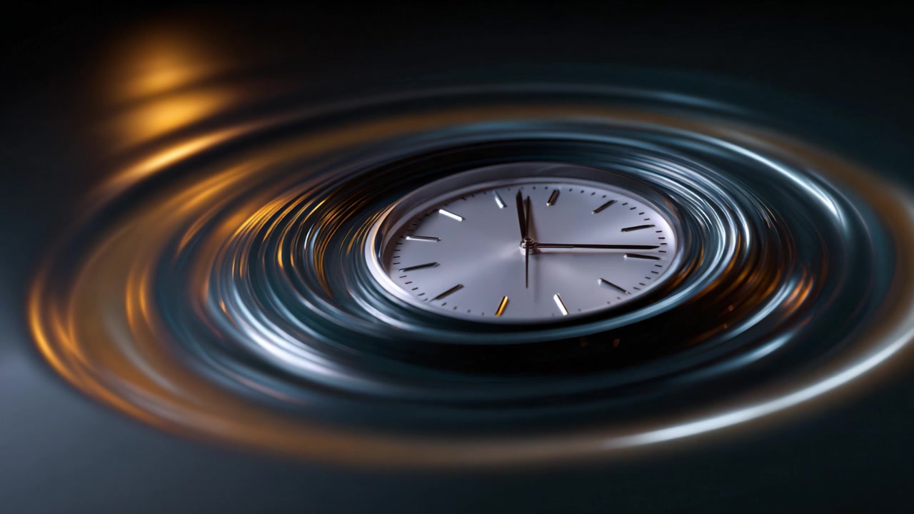 A close-up view of a submerged watch half-immersed in water, surrounded by circular ripples reflecting soft ambient light, representing time's elusive nature.