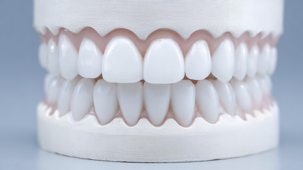 A Detailed View of a Perfectly Aligned Set of Natural-Looking White Teeth on an Anatomical Dental Model, Showcasing Exemplary Oral Health and Aesthetic Appeal