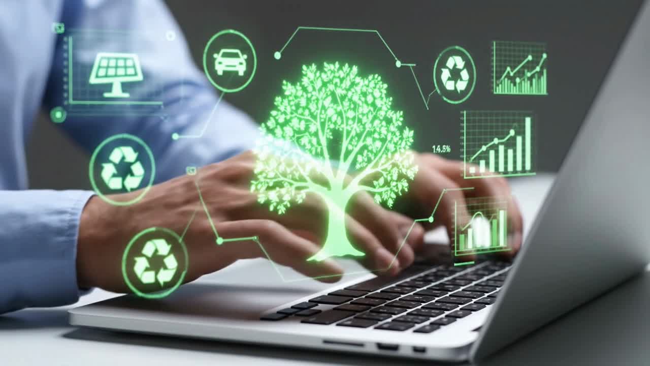 ESG Concept with Green Energy and Sustainability Icons over Laptop