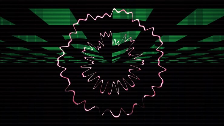 Abstract Pink Circular Waveform Pulsing Over Green Grid Background