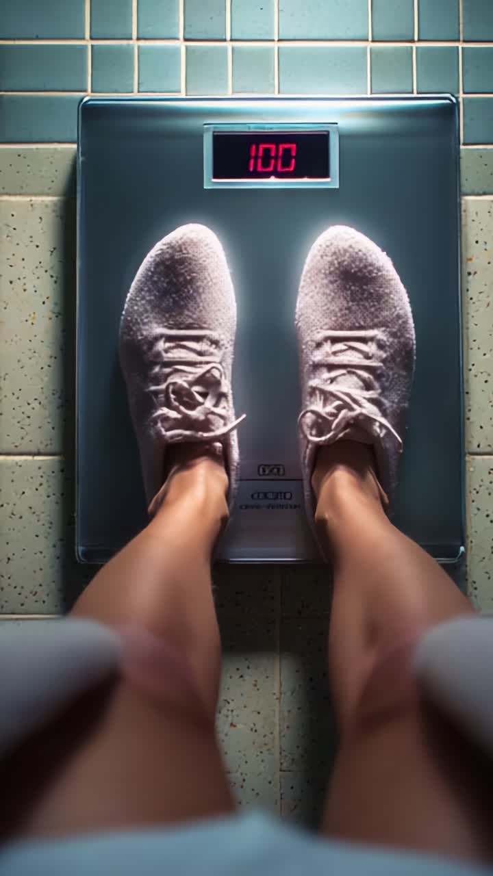 Weight Measurement on Digital Scale with Cozy Slippers, Capturing the Moment of Personal Reflection and Progress Towards Health Goals