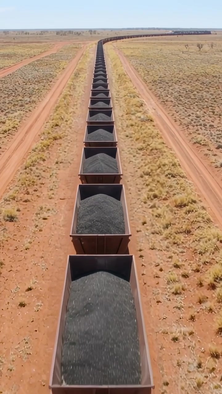 Vertical video: Pulling back drone showing hopper wagons loaded with ore moving across red plain