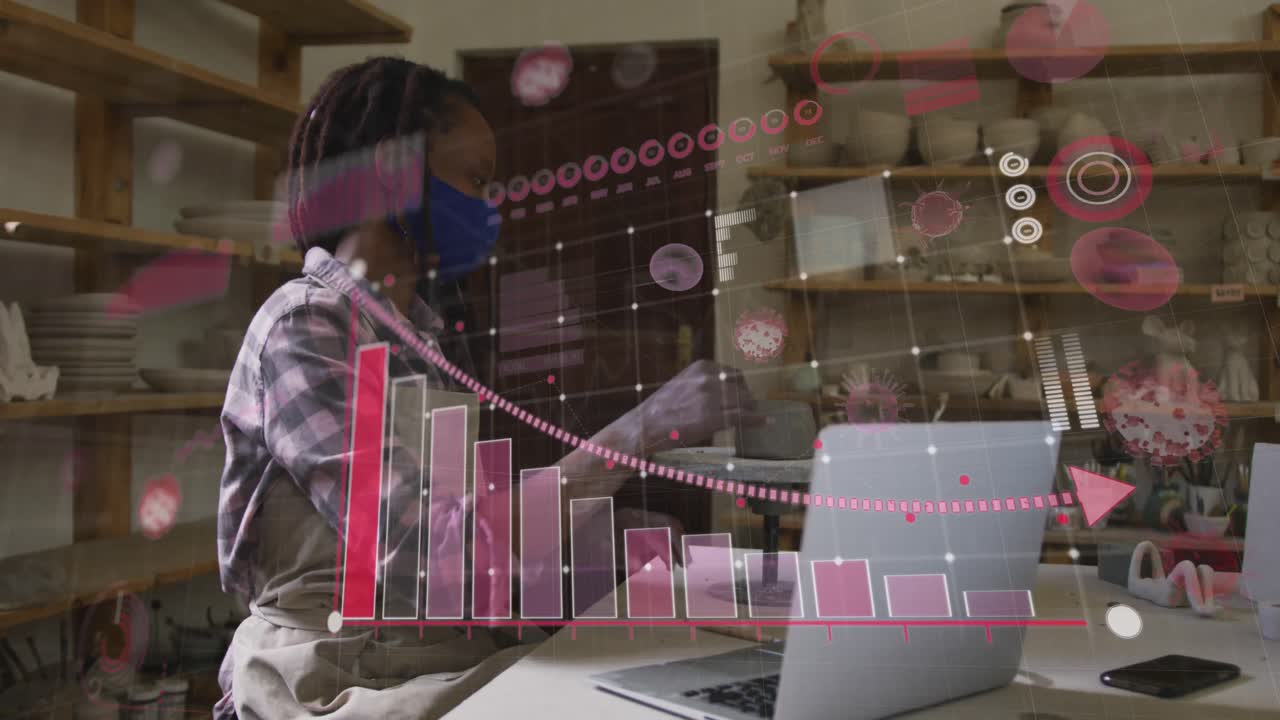 Animasjon av virusceller og databehandling over en afroamerikansk kvinne med munnbind og laptop.