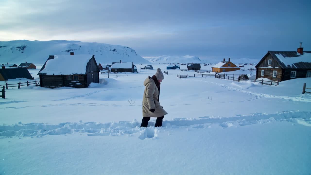 Stepping adult person in beige coat pushing through deep snow, leaving footprints past cottages