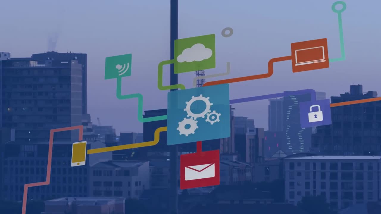 Animation of digital icons and network of connections over cityscape