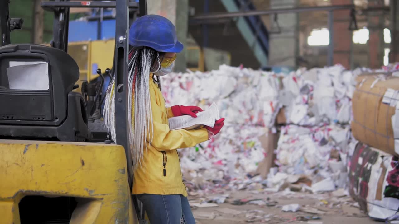 하드 모자, 장갑과 노란 재 ⁇ 을 입은 여성 노동자가 창고 전기 자동차에 기대어 작업 일기를 읽고 있습니다. 압축 된 카톤의 거대한 주식. 측면 보기