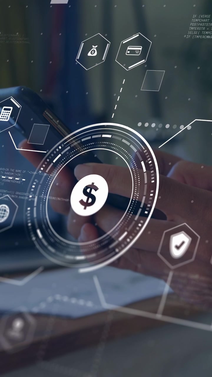 Vertical video: Mature woman using phone tapping animating money HUD focusing cash icon paying