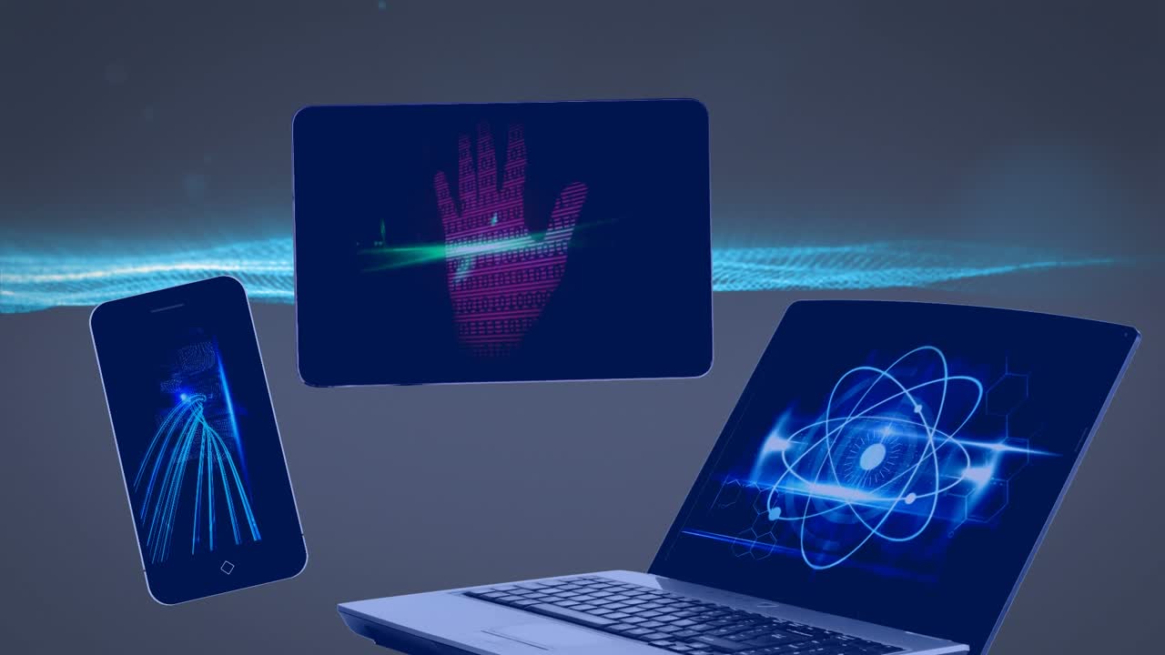 Animation of data on screens over grey background with glitter