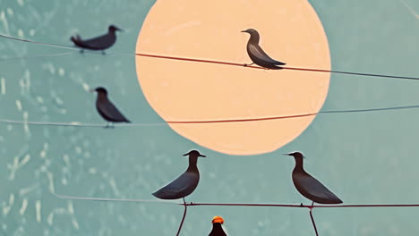 birds sitting on wires over large moon animation