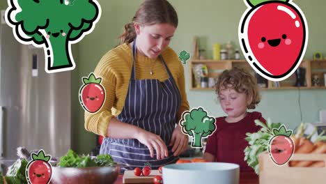 animation of vegetables icons over caucasian woman with son cooking
