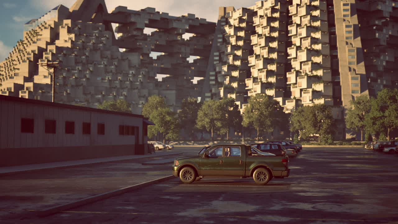 Paesaggio urbano con un camion parcheggiato vicino a edifici architettonici unici